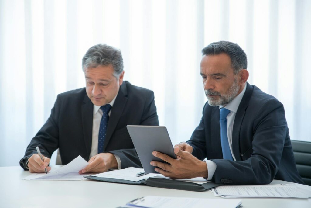 Two businessmen in a modern office reviewing documents and working on a tablet.